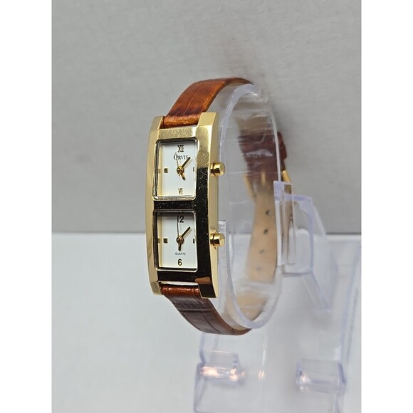 Womens Orvis Dual Time Tank Quartz Watch Gold Tone Brown Leather New Batteries - Picture 2 of 12